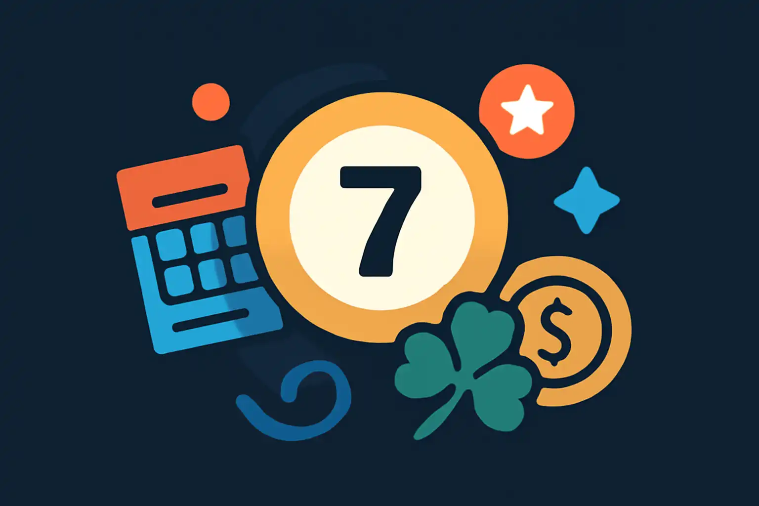 Hero illustration: Lottery 7, modern flat design, dark background, brand-neutral, icons and shapes only, no text