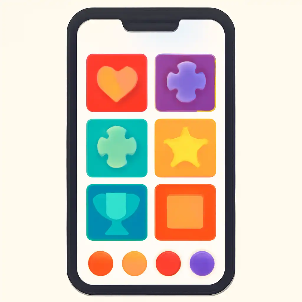 Smartphone shown from the front displaying a colourful flat layout of abstract game icons and rounded tiles (no text, no letters, no labels), Lottery 7