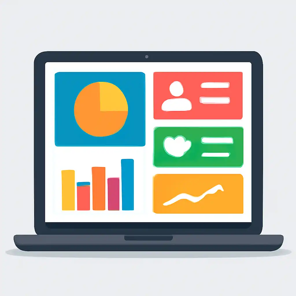 Laptop shown from the front displaying a colourful flat dashboard of abstract charts, bars and icon tiles (no text, no letters, no labels), Lottery 7